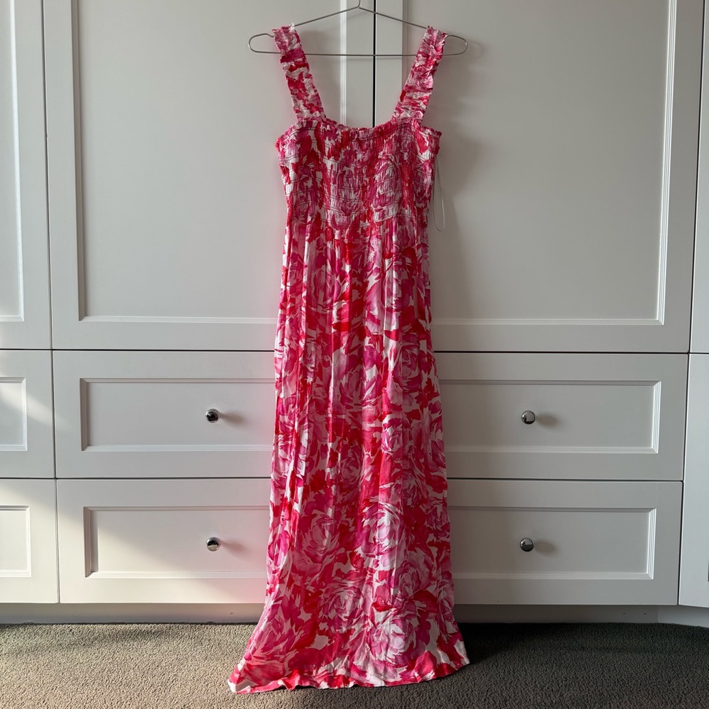 Calvin Klein Smocked Pink Floral Maxi Dress